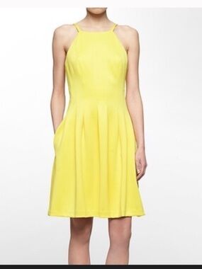 Calvin Klein Sunshine Butter Yellow Scuba Fit Flare Boho Pleated Halter Dress 10